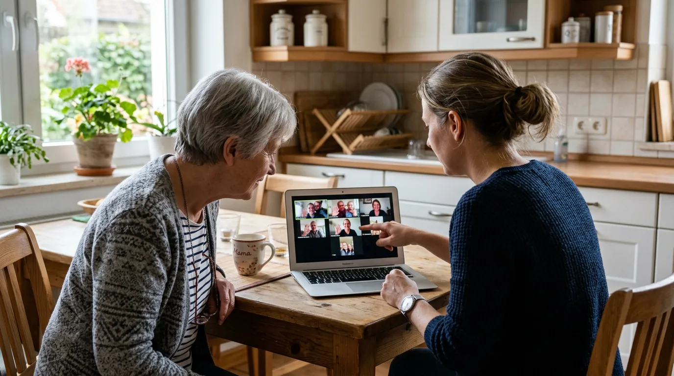 Tochter und Mutter beim gemeinsamen Direktanbieter-Termin an ihrem Laptop